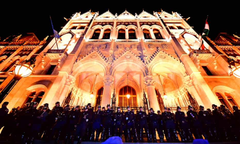 Riot police in front of the parliament building in Budapest during an anti-government demonstration.