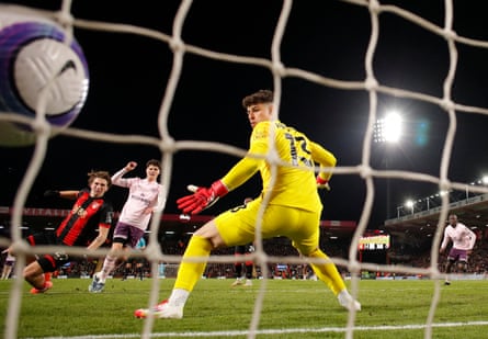 Christian Nørgaard scores Brentford’s winner past Bournemouth’s Kepa Arrizabalaga at the Vitality Stadium.