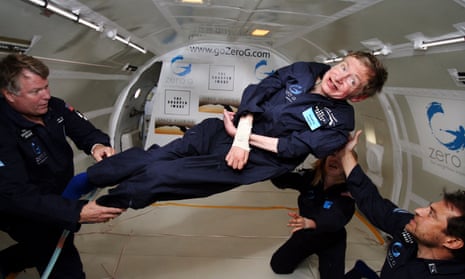 Stephen Hawking experiences zero gravity during a flight over the Atlantic Ocean in 2007.