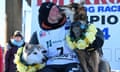 Dallas Seavey celebrates his record sixth victory in the Iditarod race