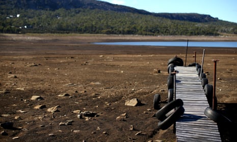 A jetty left high and dry on Great Lake, a major hydro reserve in the central north of Tasmania.