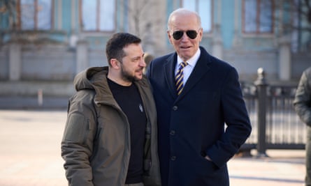 US President Joe Biden with his Ukrainian counterpart Volodymyr Zelenskiy in Kyiv in February. 