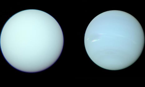 photos of the two pale blue planets viewed side by side, Neptune only very marginally a deeper blue