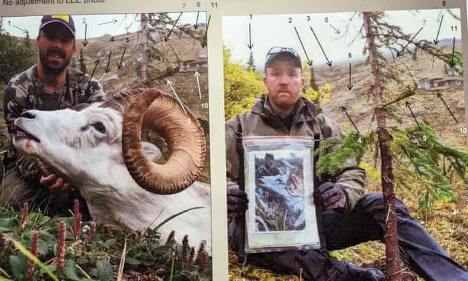The photo on the left shows Donald Lee with the sheep. The photo on the right shows Yukon conservation officer Sean Cox in the same location, with arrows pointing out the natural landmarks proving that the animal was on the Canadian side of the border.