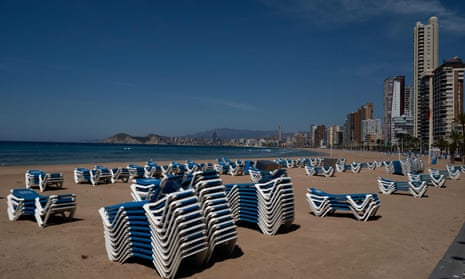 Sun loungers at the closed Levante beach in Benidorm on June 1 await the return of tourists.
