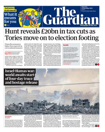 Guardian front page, Thursday 23 November 2023
