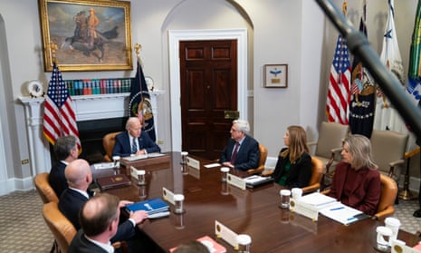 US president Joe Biden speaks during a meeting on combating fentanyl, in the Roosevelt Room of the White House, Tuesday. Sitting on his right is US secretary of state Antony Blinken. Other cabinet members also present.