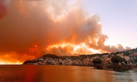 Flames burn on the mountain near Limni village on the island of Evia, on 3 August.