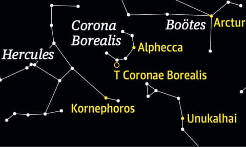 Chart showing location of T Coronae Borealis and Alphecca stars in constellation of Corona Borealis