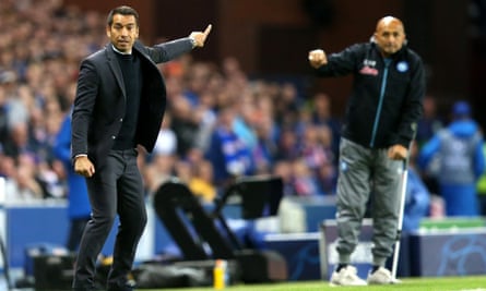 The Rangers manager, Giovanni van Bronckhorst (left), and Napoli head coach Luciano Spalletti during the UEFA Champions League Group A match on 14 September, 2022.