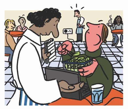 Illustration of someone with a laptop eating out of a tupperware at a restaurant