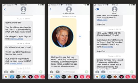 Des captures d'écran de trois fils de messages texte s'affichent.  Les deux à gauche et à droite sont républicains tandis que le centre est démocrate et montre une photo de Martin Sheen.