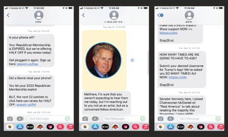 Screenshots from three text message strings are shown.  The two on the left and right are from Republicans while the middle is from Democrats and shows an image of Martin Sheen.