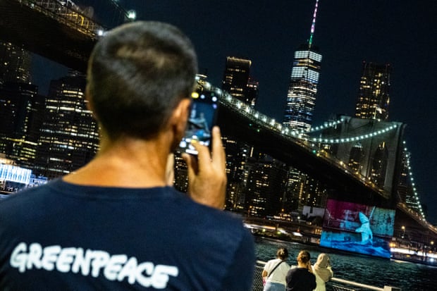 A man with 'Greenpeace' written on the back of his shirt stands near the Brooklyn Bridge at night. He holds up his smartphone and has it aimed at a projection being shown on the bridge of a shark trapped in a net.