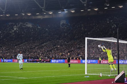 Brentford’s Dango Ouattara has a penalty saved by Alphonse Areola in the shootout against West Ham.