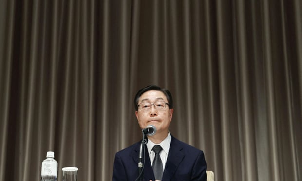 Tomihiro Tanaka, president of the Japanese branch of the Unification church, at a news conference in Tokyo on Monday.