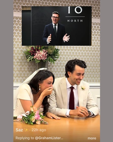 Video screen of Andy Burnham split with picture of bride and her husband watching it.