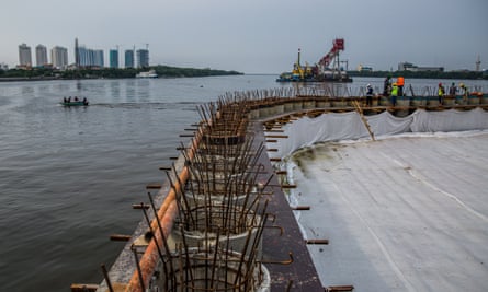 A seawall is under construction