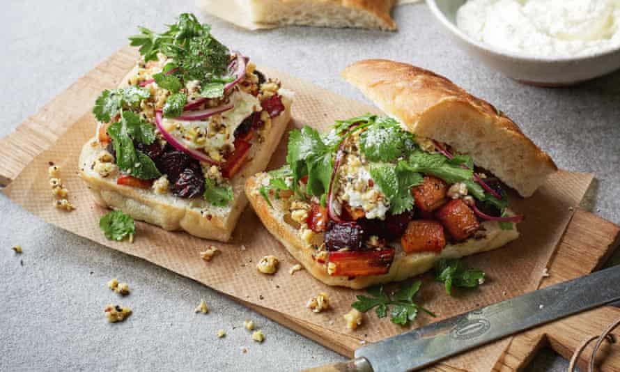 Roasted beetroot, carrot, spiced nuts and whipped feta by Rebecca Oliver.