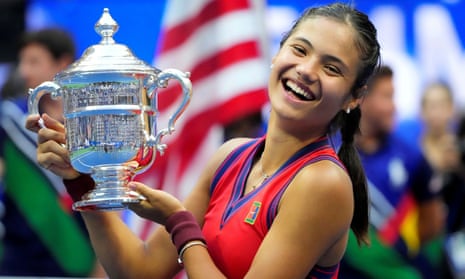 Emma Raducanu celebrates with the US Open trophy after her stunning grand slam title win last weekend