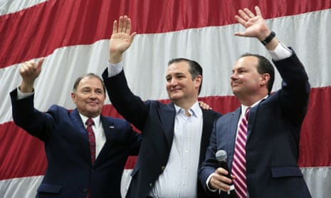 Ted Cruz with Utah governor Gary Herbert (left) and senator Mike Lee (right). The Republican presidential candidate won a lopsided victory in the state’s 22 March caucus. 