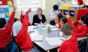 Teacher asking a question in class at a London primary school. Engaged children are raising their hands with the answer.