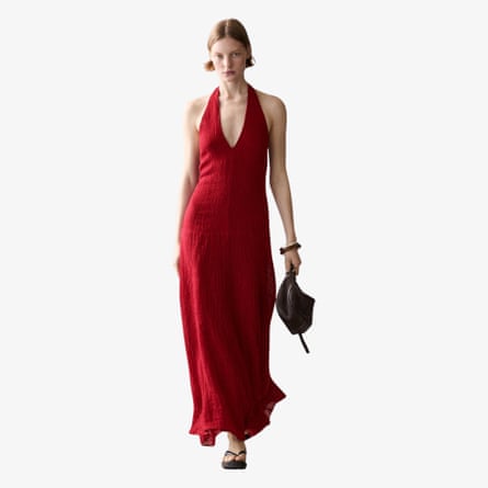 Massimo Dutti long 100% linen dress with neckline detail.