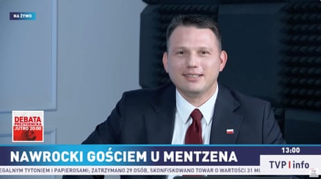 Polish libertarian far-right presidential candidate Sławomir Mentzen hosting presidential conservative rival Karol Nawrocki on his YouTube channel ahead of the run-off on 1 June, with the discussion being rebroadcast live by Poland’s national broadcaster TVP.