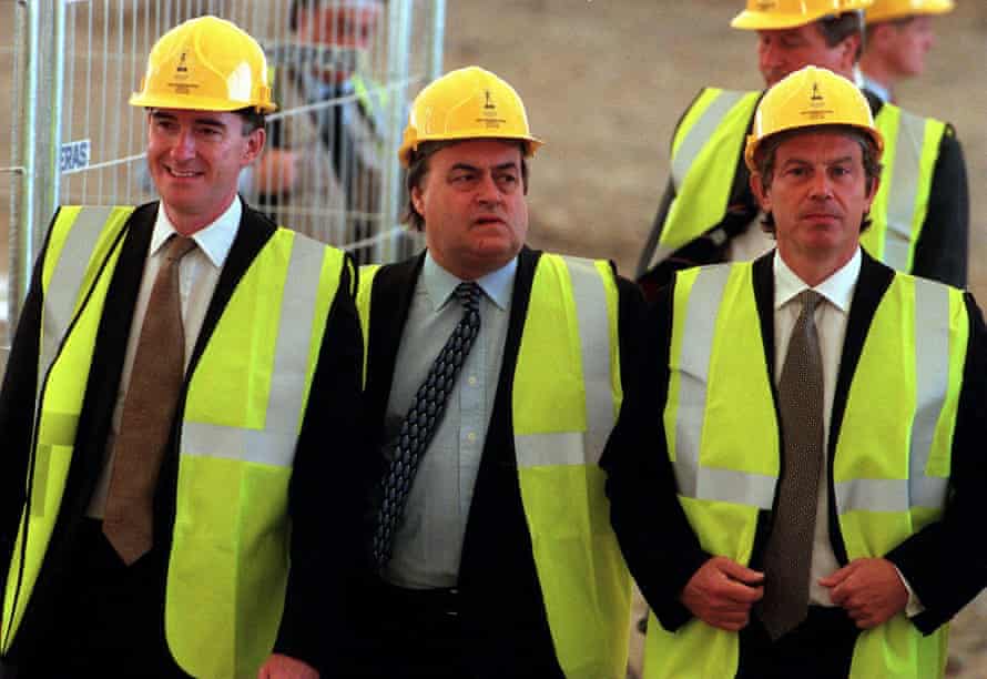 Peter Mandelson, John Prescott and Tony Blair attending the topping out ceremony at the Millennium Dome in 1998.