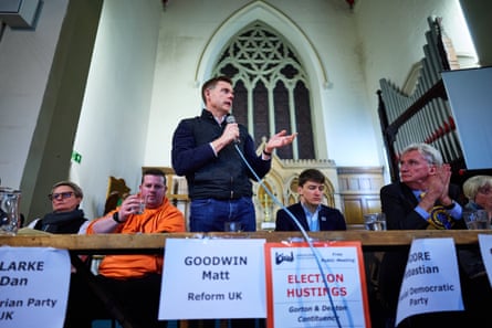 Matt Goodwin speaking at a hustings at St Peter’s church in Levenshulme for the Denton and Gorton byelection.
