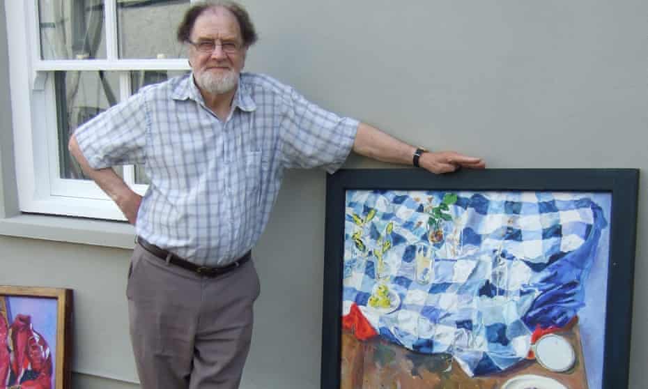 Roy Powell outside his Brecon house with one of his oil paintings.