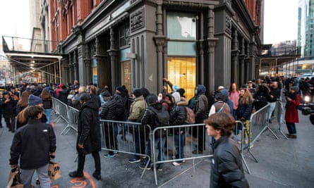 People queue for the opening of the first legal recreational marijuana dispensary in the East Village, Manhattan, New York on 29 December 2022.