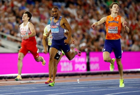 Netherlands' Jonas Phijffers crosses the line to win his men's 400m semi-final ahead of second placed local lad Matthew Hudson-Smith.