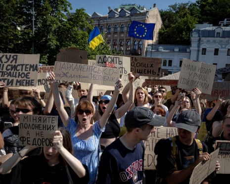People protest against Ukrainian president Volodymyr Zelenskyy’s decision to replace Mykhailo Fedorov as defence minister.