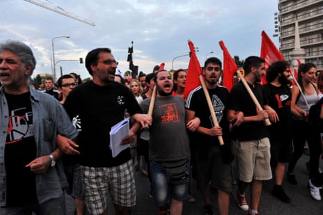 Protestors shout slogans during a demonstration for the “NO” campaign on July 1, 2015 in Thessaloniki. Nearly one in two Greeks intend to vote ‘No’ in a weekend referendum on the terms of the country’s bailout, but capital control groups are boosting the ‘Yes’ camp, a poll showed today. Greek Prime Minister Alexis Tsipras has called on Greeks to vote ‘No’ in the referendum, which will ask voters whether they want to accept the latest deal from Athens’ creditors - a deal he has branded as “humiliating.” AFP PHOTO / SAKIS MITROLIDISSAKIS MITROLIDIS/AFP/Getty Images