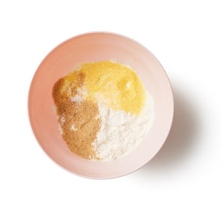Felicity Cloake's Waffles 03a.  Combine flour, sugar, polenta and salt.