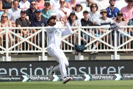 Emilio Gay takes a catch to dismiss New Zealand's Tom Blundell.