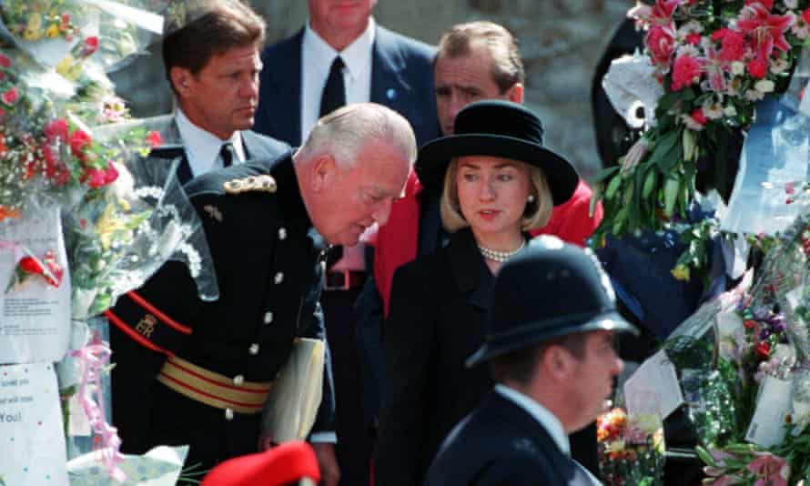 Hillary Clinton leaves Westminster Abbey after the funeral of Diana, Princess of Wales.