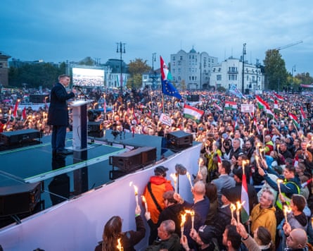 Péter Magyar speaking in front of a large crowd