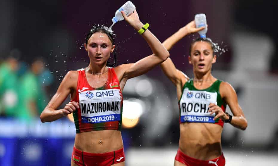 Belarus’ Volha Mazuronak and Portugal’s Salome Rocha in the women’s marathon at the world championships in Qatar.