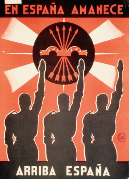 A Spanish civil war poster shows the silhouettes of three men saluting the falange symbol.