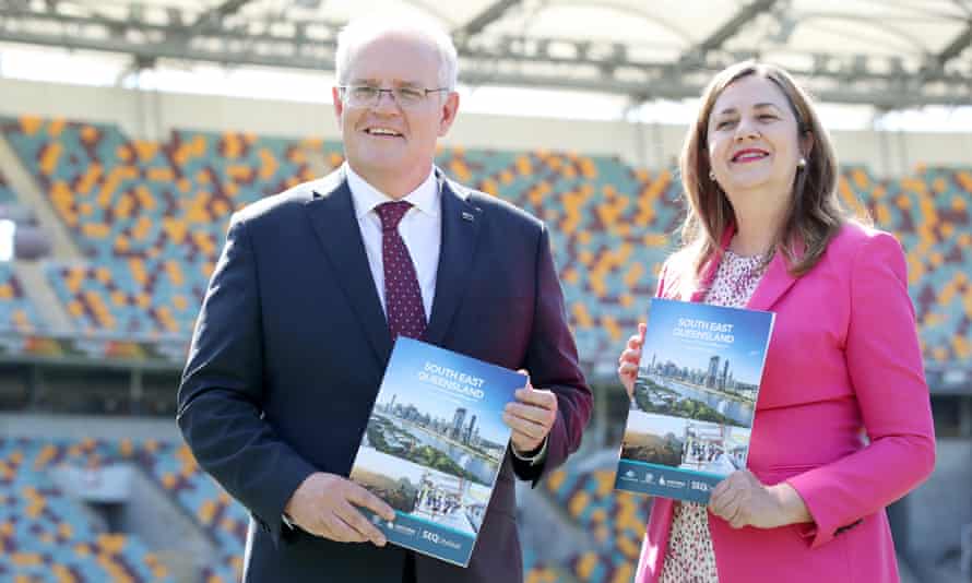 Scott Morrison and Queensland premier Annastacia Palaszczuk announce a new $1.8bn funding deal at Gabba stadium on 21 March 2022.