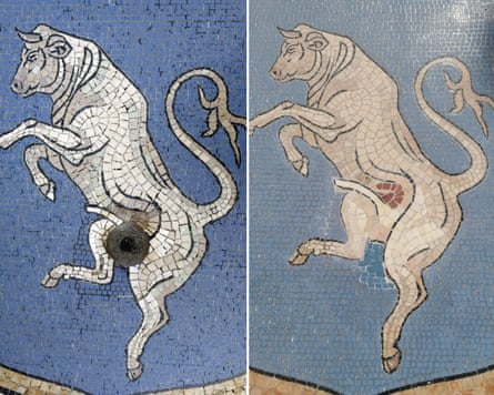 two images of the mosaic, one with a large worn-down black patch where its testicles should be, and the other with a small pinkish, indeterminate area between the bull’s hind legs.