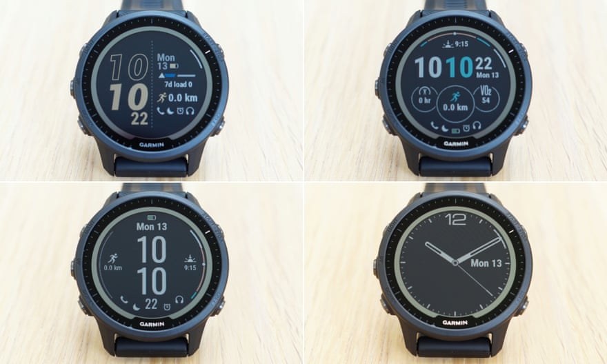 A grid of images showing various watch faces on the Garmin Forerunner 955