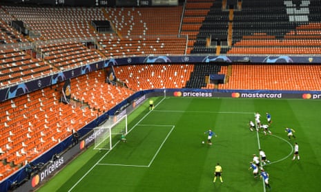 Atalanta’s Josip Ilicic scores an early penalty in his side’s 4-3 away win against Valencia at an empty Mestalla.