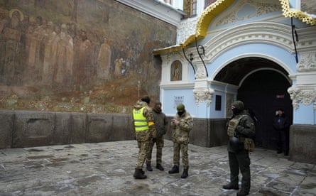 Ukraine’s secret service guard the entrance to the Pechersk Lavra monastic complex in Kyiv