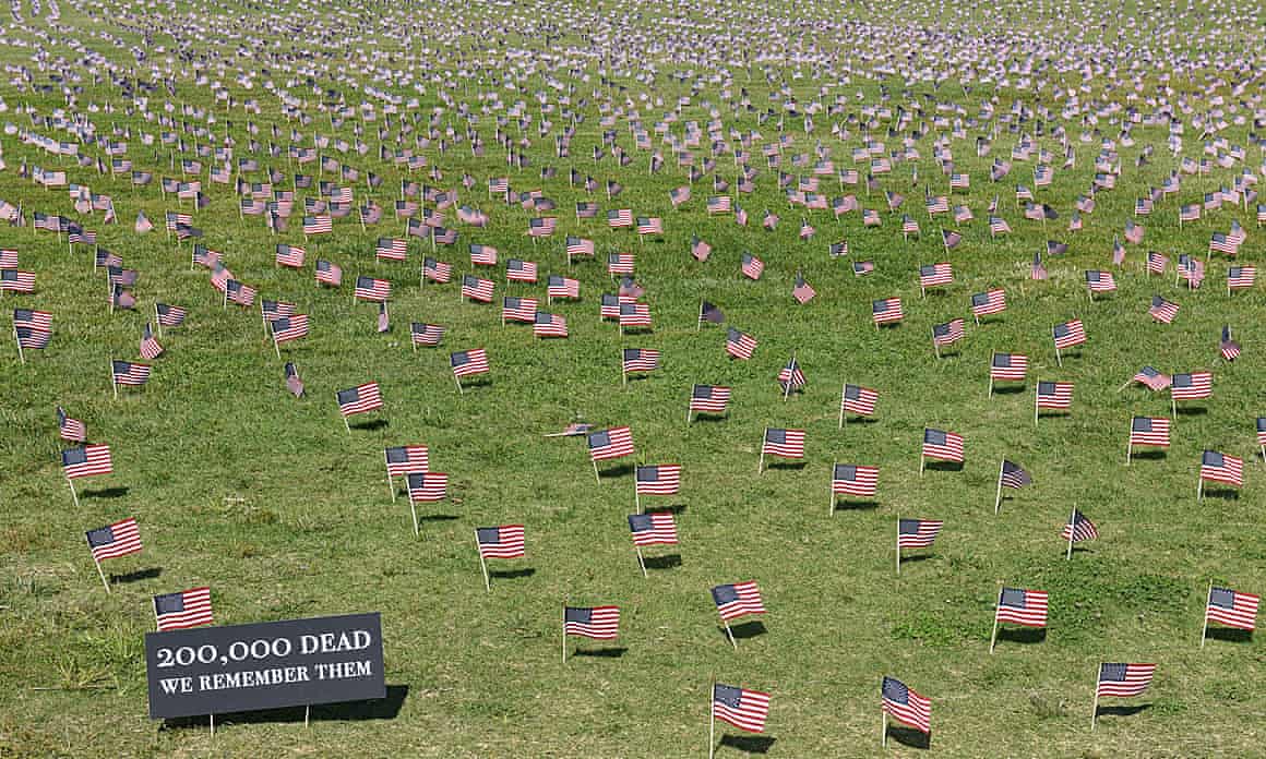 Tiny American flags on the Washington National Mall, in memory of the more than 200,000 Americans who have lost their lives to the coronavirus.