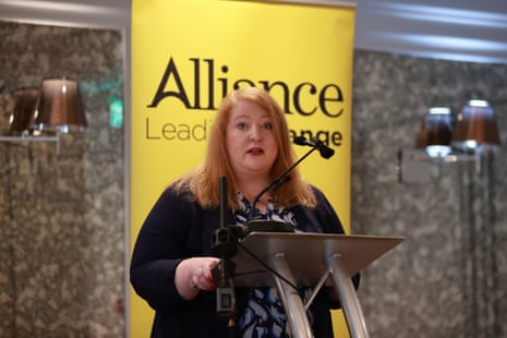 Naomi Long speaking at the Alliance party’s manifesto launch in Belfast earlier today.