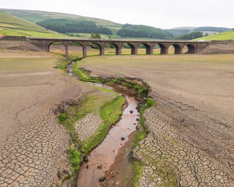 Very low water levels at Woodhead Reservoir in Longdendale, UK which has had its driest start to the year since 1976