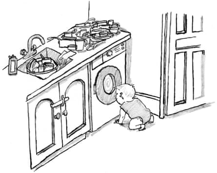 Illustration of toddler looking into washing machine
